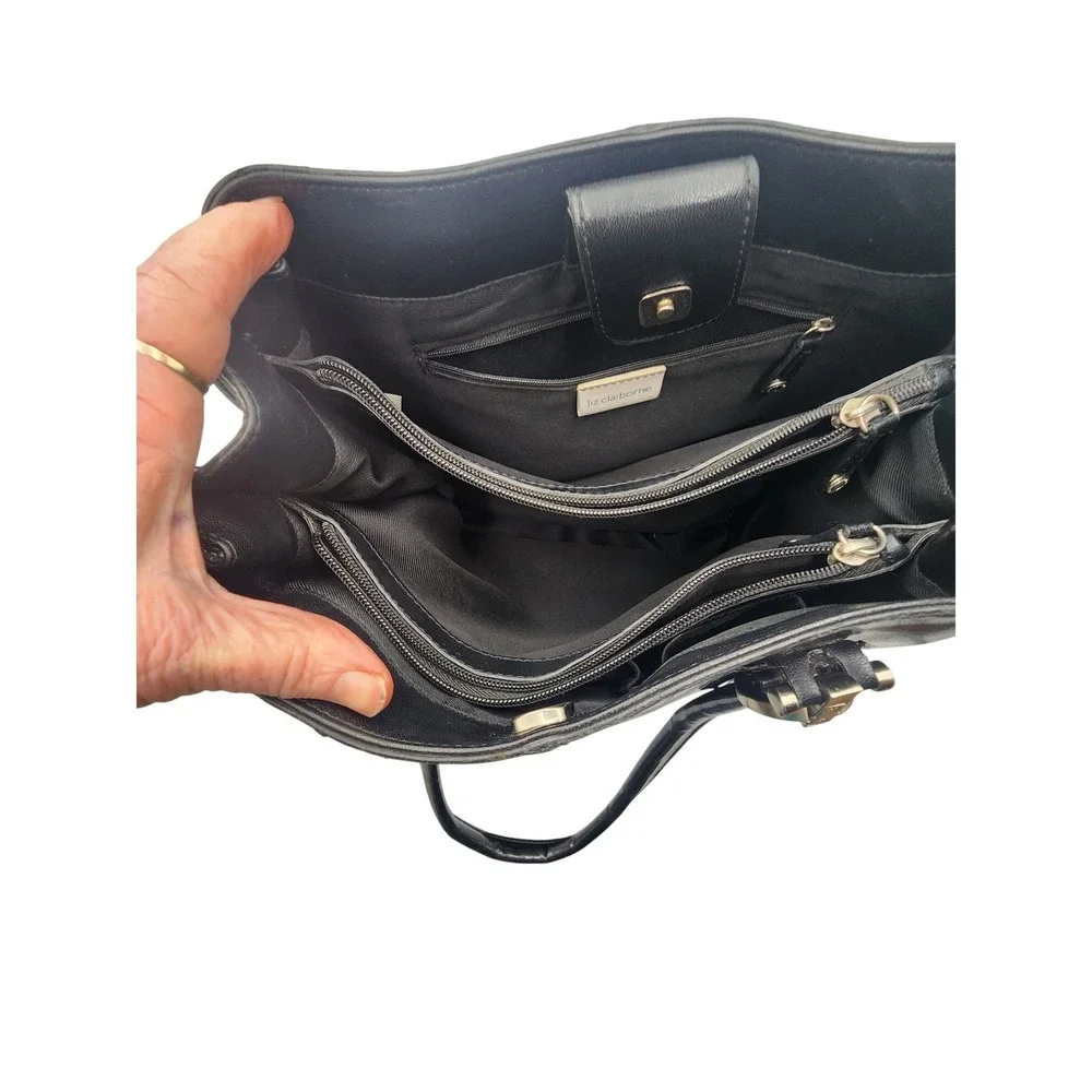 Liz Claiborne Black Faux Leather Multi Compartment Shoulder Bag Tote LC.1441.P